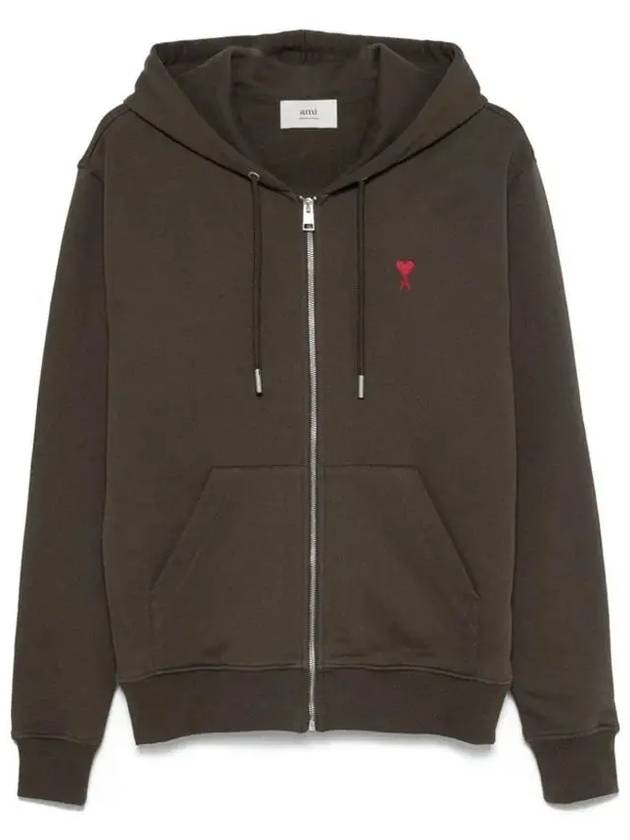 Red Small Heart Logo Cotton Hooded Zip-up Dark Coffee - AMI - BALAAN 2