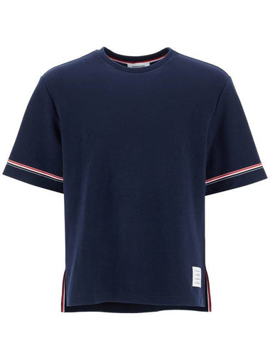 navy blue striped cotton t-shirt with wide neck - THOM BROWNE - BALAAN 1