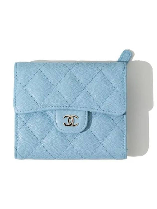 classic gold CC logo caviar halfwallet light blue - CHANEL - BALAAN.