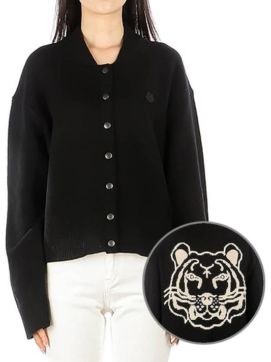 Women's Tiger Logo Wool Button Cardigan Black - KENZO - BALAAN.