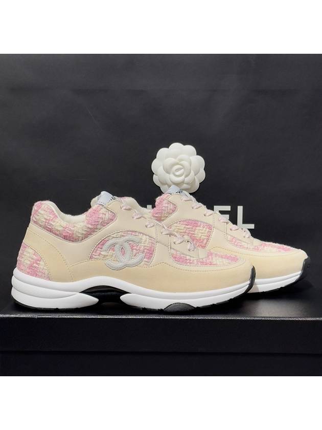 CC Logo Cotton Tweed Suede Calfskin Low Top Sneakers Pink Ecru - CHANEL - BALAAN 4