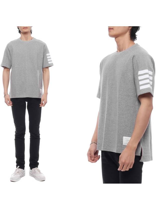 4-Bar Striped Cotton Short Sleeve T-Shirt Light Grey - THOM BROWNE - BALAAN 3