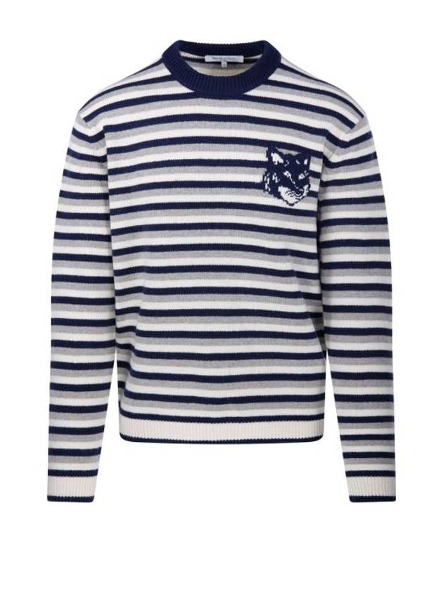 Fox Head Intarsia Striped Comfort Knit Top White Navy - MAISON KITSUNE - BALAAN 1