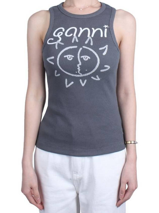 Sun Graphic Print Ribbed Sleeveless Grey - GANNI - BALAAN 2