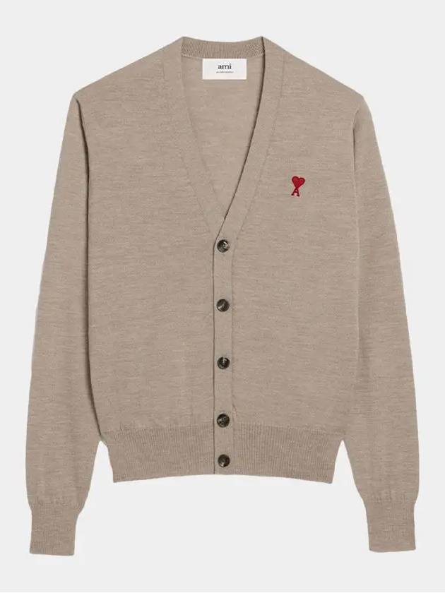 Red Heart Logo Merino Wool Cardigan Beige - AMI - BALAAN 2