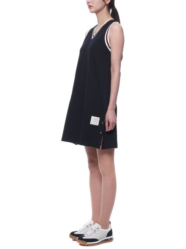 Women's Classic Pique Stripe V-Neck Cotton Tennis Dress Navy - THOM BROWNE - BALAAN 5