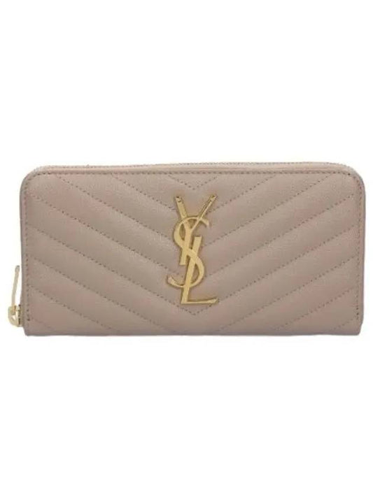 Monogram Quilted Leather Zipper Long Wallet Beige - SAINT LAURENT - BALAAN 1