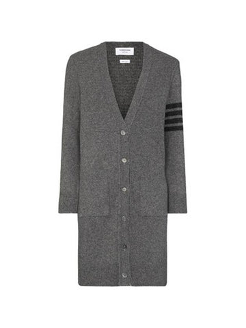 Overwashed Wool Cashmere Long V-neck Cardigan Medium Gray - THOM BROWNE - BALAAN.