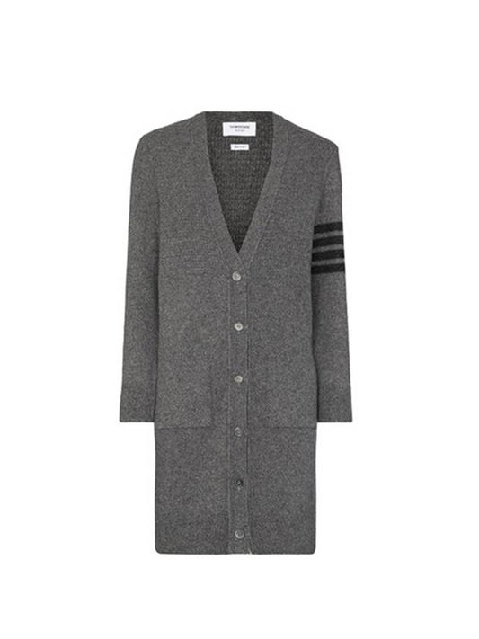 Overwashed Wool Cashmere Long V-neck Cardigan Medium Gray - THOM BROWNE - BALAAN.