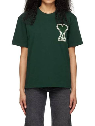 Big Heart Logo Jersey T shirt Short Sleeve Tee Rib Knit Crew Neck Organic Cotton Dark Cedar Green Women - AMI - BALAAN 1