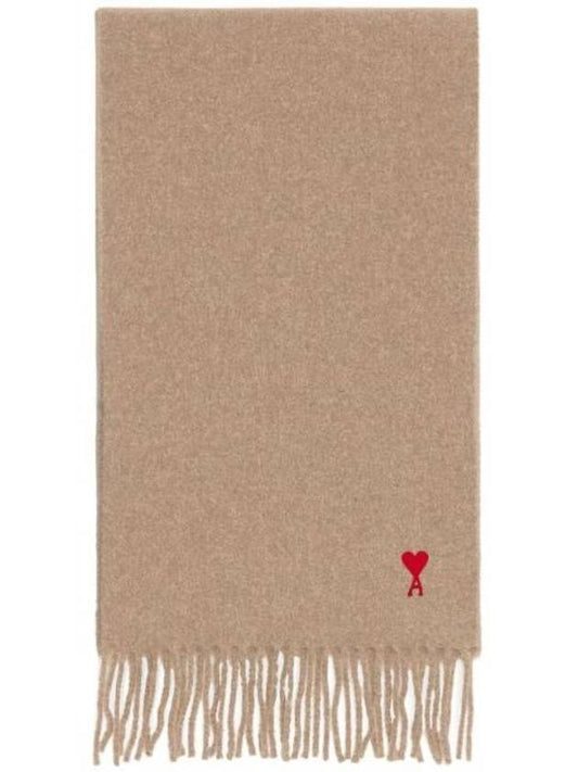 Small Heart Logo Classic Wool Fringe Scarf Beige - AMI - BALAAN.