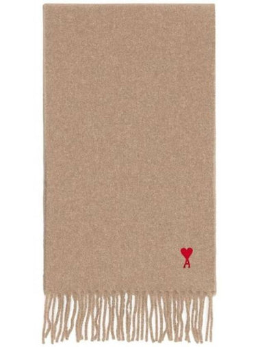 Small Heart Logo Classic Wool Fringe Scarf Beige - AMI - BALAAN 1