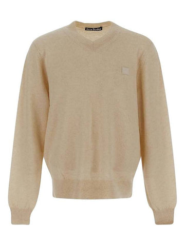 Face Logo V-Neck Knit Top Oatmeal Beige - ACNE STUDIOS - BALAAN 1