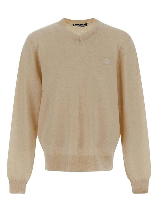 Face Logo V-Neck Knit Top Oatmeal Beige - ACNE STUDIOS - BALAAN 1