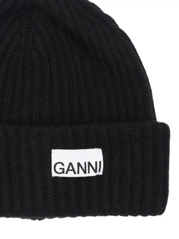 Logo Patch Wool Beanie Black - GANNI - BALAAN 3