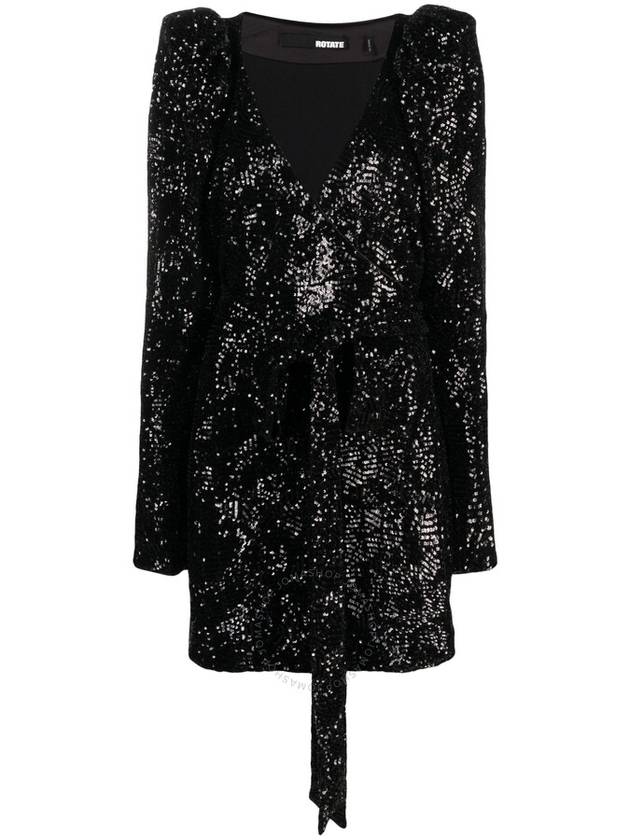 Rotate Ladies Black Sequinned-Tulle Wrap Minidress, Brand Size 34 (US Size 0) - ROTATE - BALAAN 1