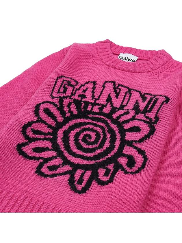 Pink Flower Graphic O-Neck Knit Top Pink - GANNI - BALAAN 4