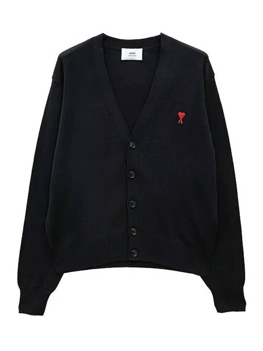 Red Heart Logo Merino Wool Cardigan Black - AMI - BALAAN 2