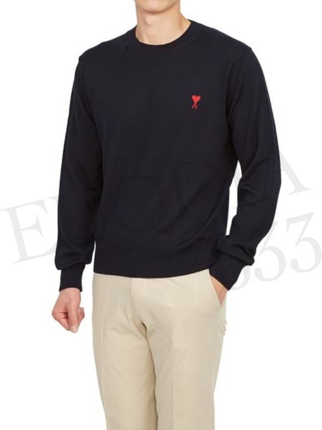 Heart Embroidered Logo Crew Neck Knit Top Navy - AMI - BALAAN 8