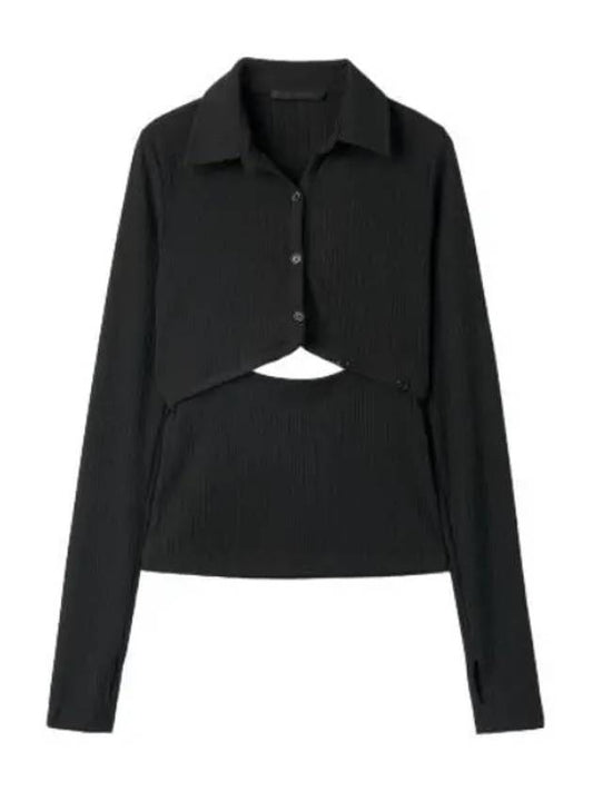 Cut Out Button Up T Shirt Black Long Sleeve Tee - HELMUT LANG - BALAAN 1