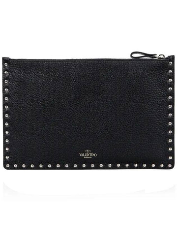 Rockstud Grinded Leather Clutch Bag Black - VALENTINO - BALAAN 1