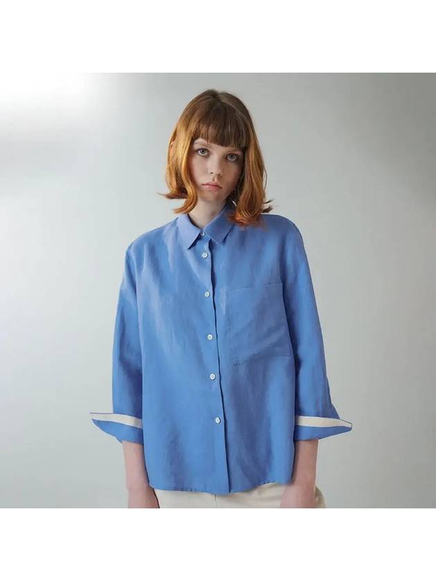 Wrist Tape Color Matching Linen Shirt Blue - VOYONN - BALAAN 1