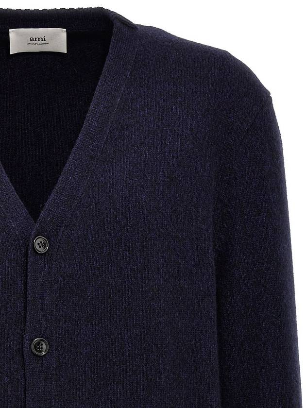 Heart Logo V Neck Cashmere Cardigan Navy - AMI - BALAAN 4