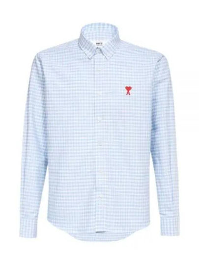 Small Heart Logo Gingham Button Long Sleeves Shirt Sky Blue - AMI - BALAAN 2