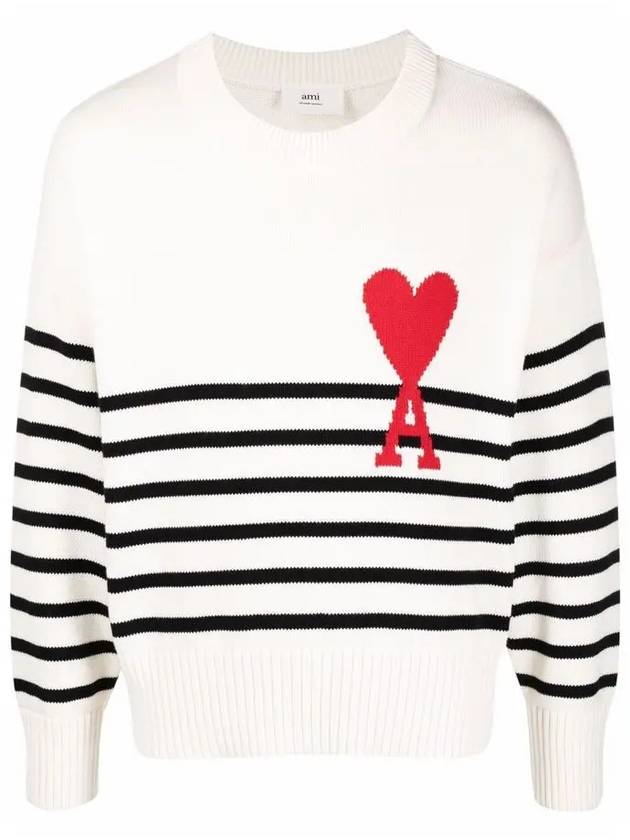 Striped Big Heart Logo Knit Top White - AMI - BALAAN 2