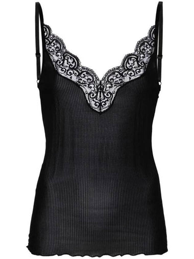 Lace Trim Rib Silk Sleeveless Black - SAINT LAURENT - BALAAN 1