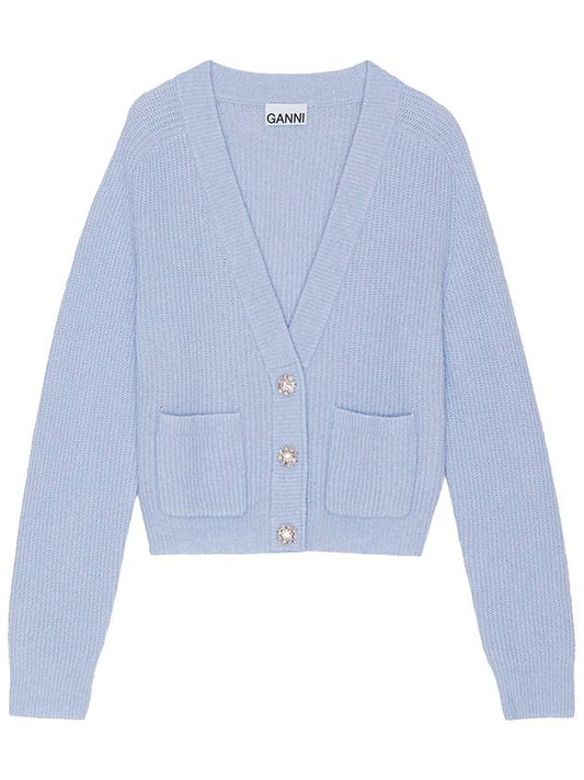 Ribbed V-Neck Soft Wool Cardigan Light Blue - GANNI - BALAAN 2