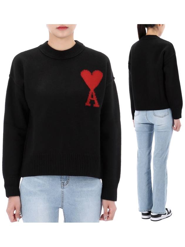 Intarsia Big Heart Logo Wool Knit Top Black - AMI - BALAAN 2