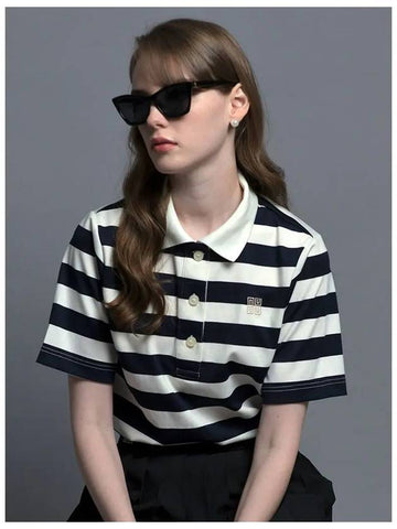 Striped Collar Women s Golf Short Sleeve T Shirt NUGMFYT102NV - LENUCU - BALAAN 1