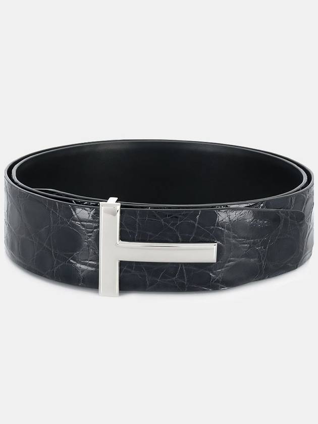 T Logo Crocodile Leather Belt Black - TOM FORD - BALAAN 1