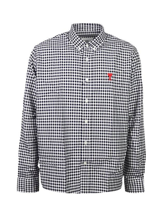 Small Heart Logo Gingham Button Long Sleeves Shirt Black - AMI - BALAAN 2