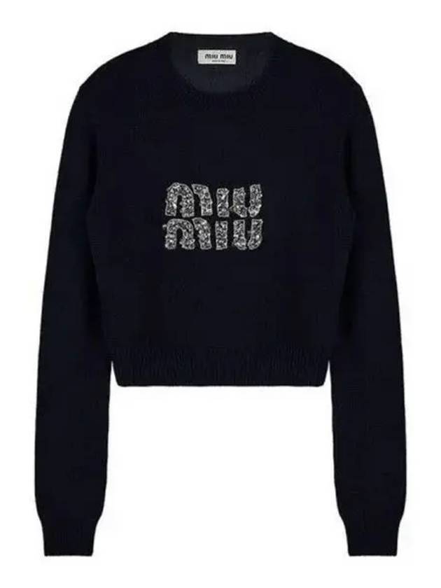 Women's Logo Cashmere Knit Top Navy - MIU MIU - BALAAN 2