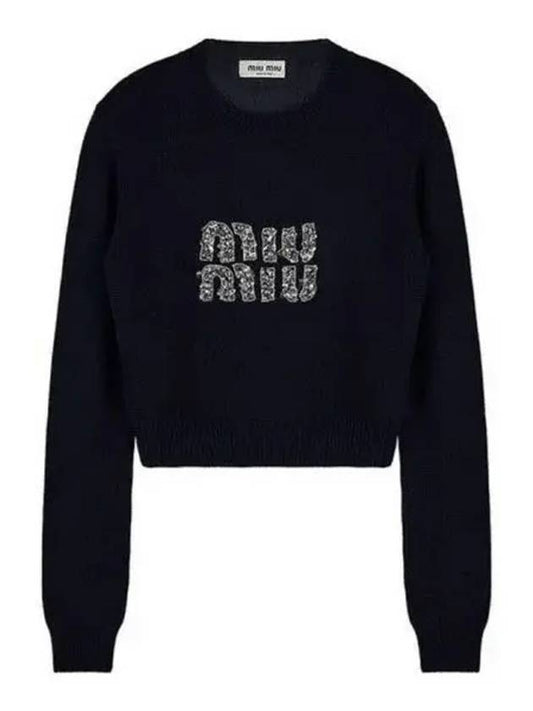 Women's Logo Cashmere Knit Top Navy - MIU MIU - BALAAN 2