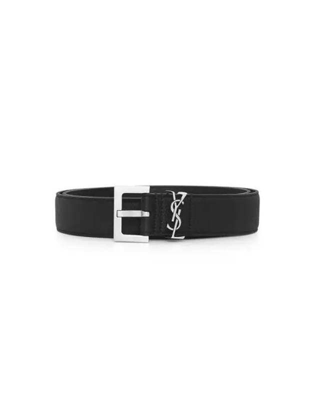 Grained Leather Silver Monogram Belt Black - SAINT LAURENT - BALAAN 4