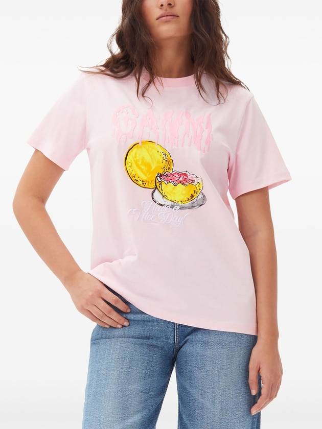 Logo Applique Graphic Print Short Sleeve T Shirt Pink - GANNI - BALAAN 6