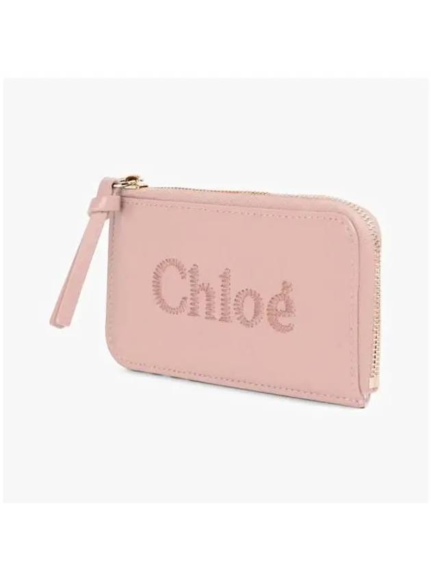 Embroidered Logo Shiny Calf Skin Zipper Card Wallet Pink - CHLOE - BALAAN 4