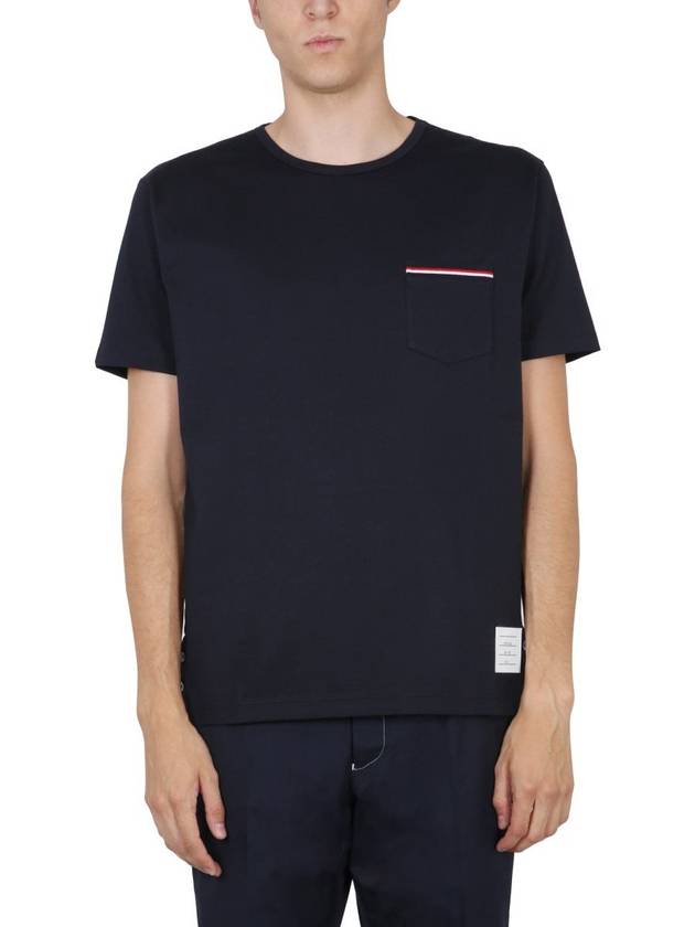 Men's Medium Weight Jersey Tipped Pocket Crewneck Short Short Sleeve T-Shirt Navy - THOM BROWNE - BALAAN 4