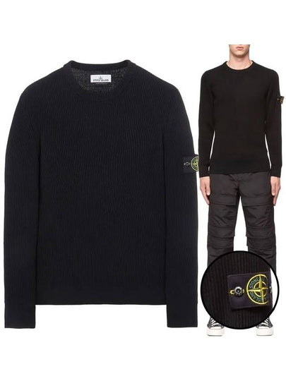 Wappen Patch Crew Neck Ribbed Wool Knit Top Black - STONE ISLAND - BALAAN 2