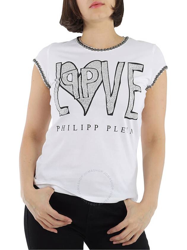 Philipp Plein Ladies White/Multi Love Crystal Logo Cotton T-shirt, Size Small - PHILIPP PLEIN - BALAAN 1