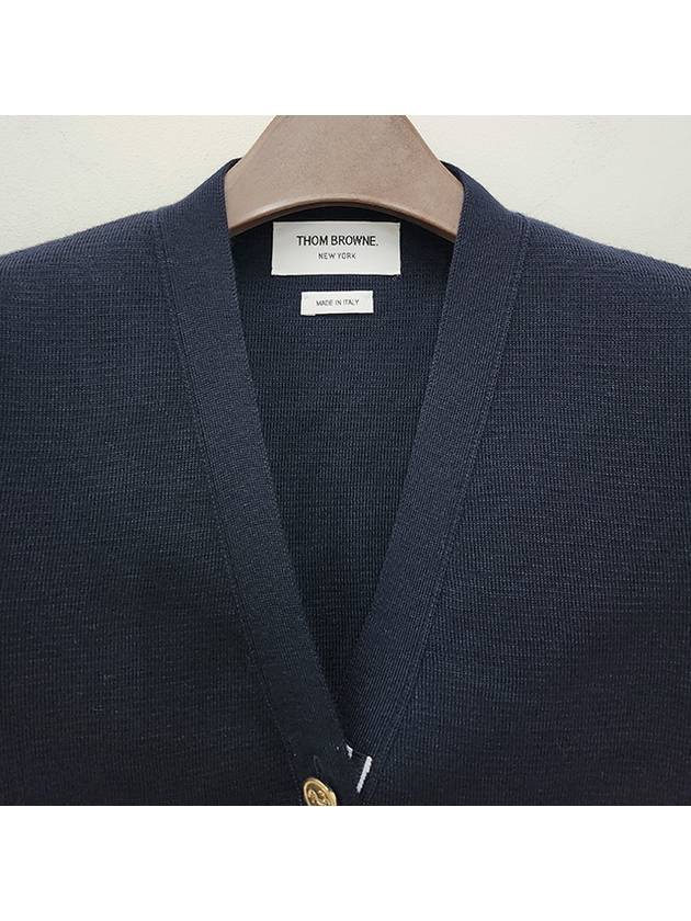 Milano Stitch 4 Bar Classic V Neck Fine Merino Wool Cardigan Navy - THOM BROWNE - BALAAN 5