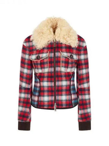 Women's Fur Collar Check Pattern Flannel Jacket Red 270174 - DSQUARED2 - BALAAN 1