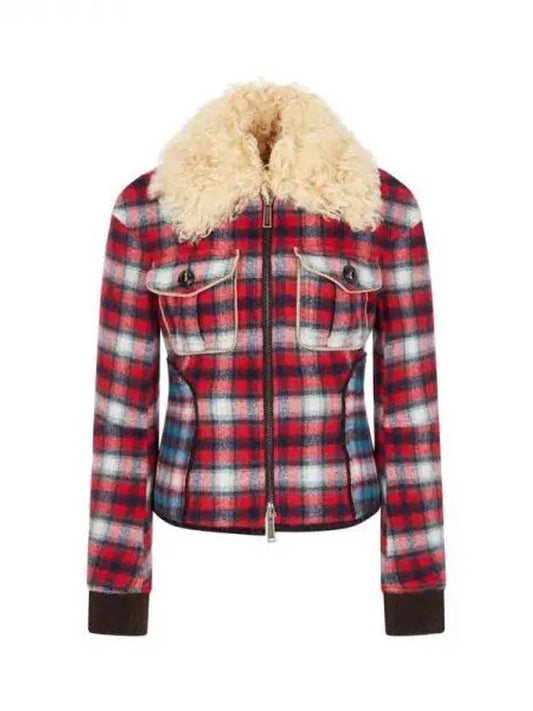 Women's Fur Collar Check Pattern Flannel Jacket Red 270174 - DSQUARED2 - BALAAN 1