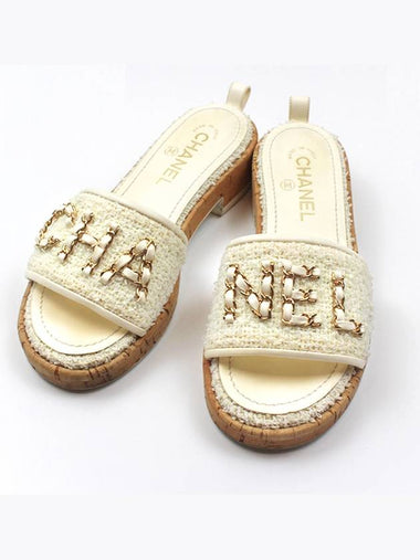 Tweed Chain Logo Slides Women s Mule Slippers Ivory 36 5 Size G34826 - CHANEL - BALAAN 1