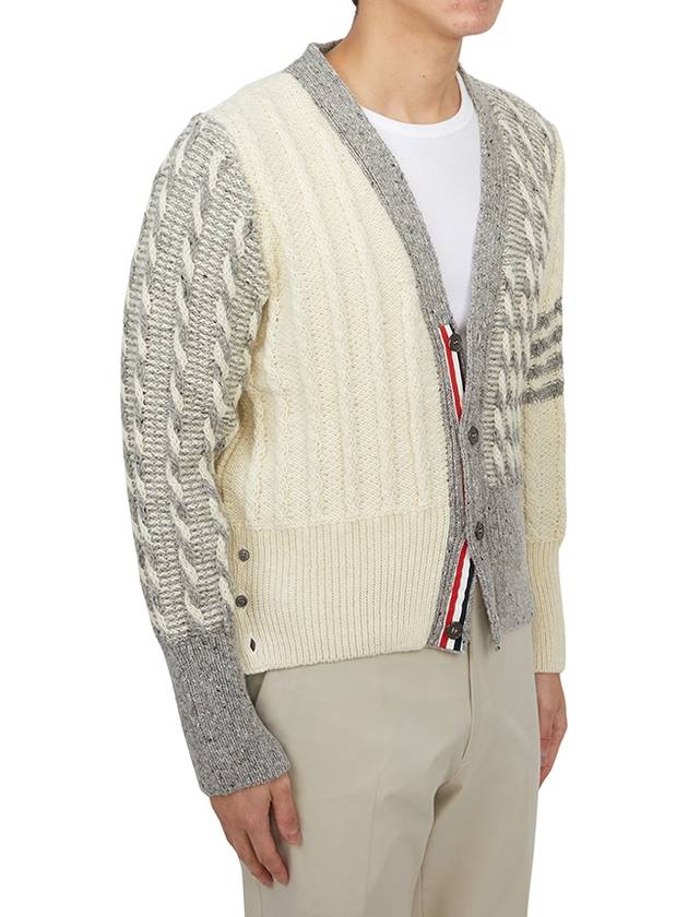 Funmix Donnyroll Cable 4 Bar V-Neck Cardigan White - THOM BROWNE - BALAAN 5