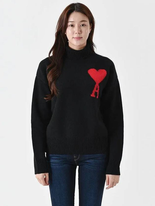 Paris Heart Logo Knit Turtleneck Black - AMI - BALAAN.
