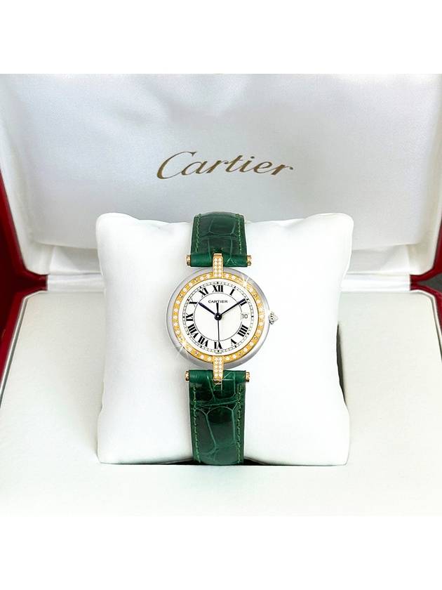 Panda diamond bezel round green alligator leather band combination watch - CARTIER - BALAAN 1